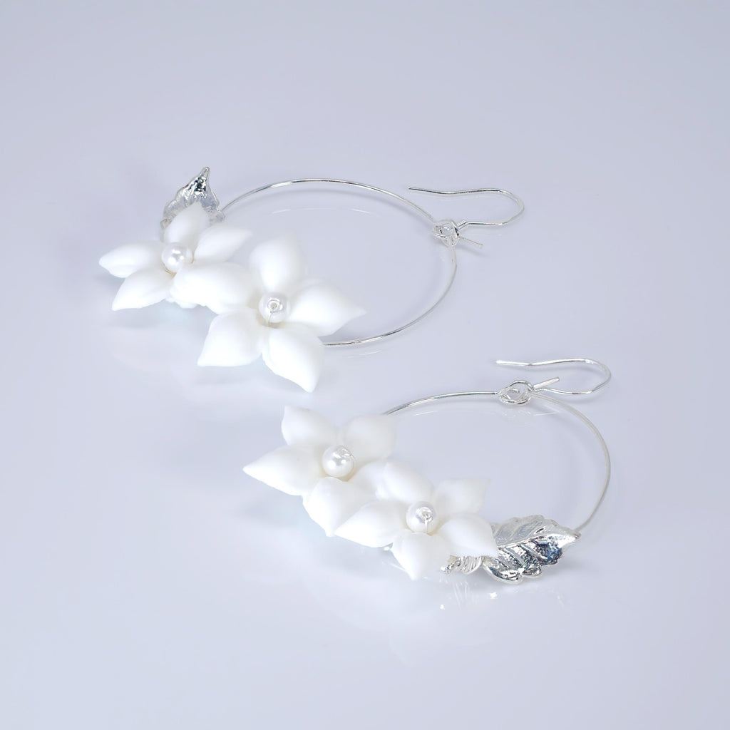 Faux Pearl Porcelain, Bridal White Flower Hoop Earrings, Bridal Jewelry, Pearl Bridal Earrings, Statement Dangle Earrings