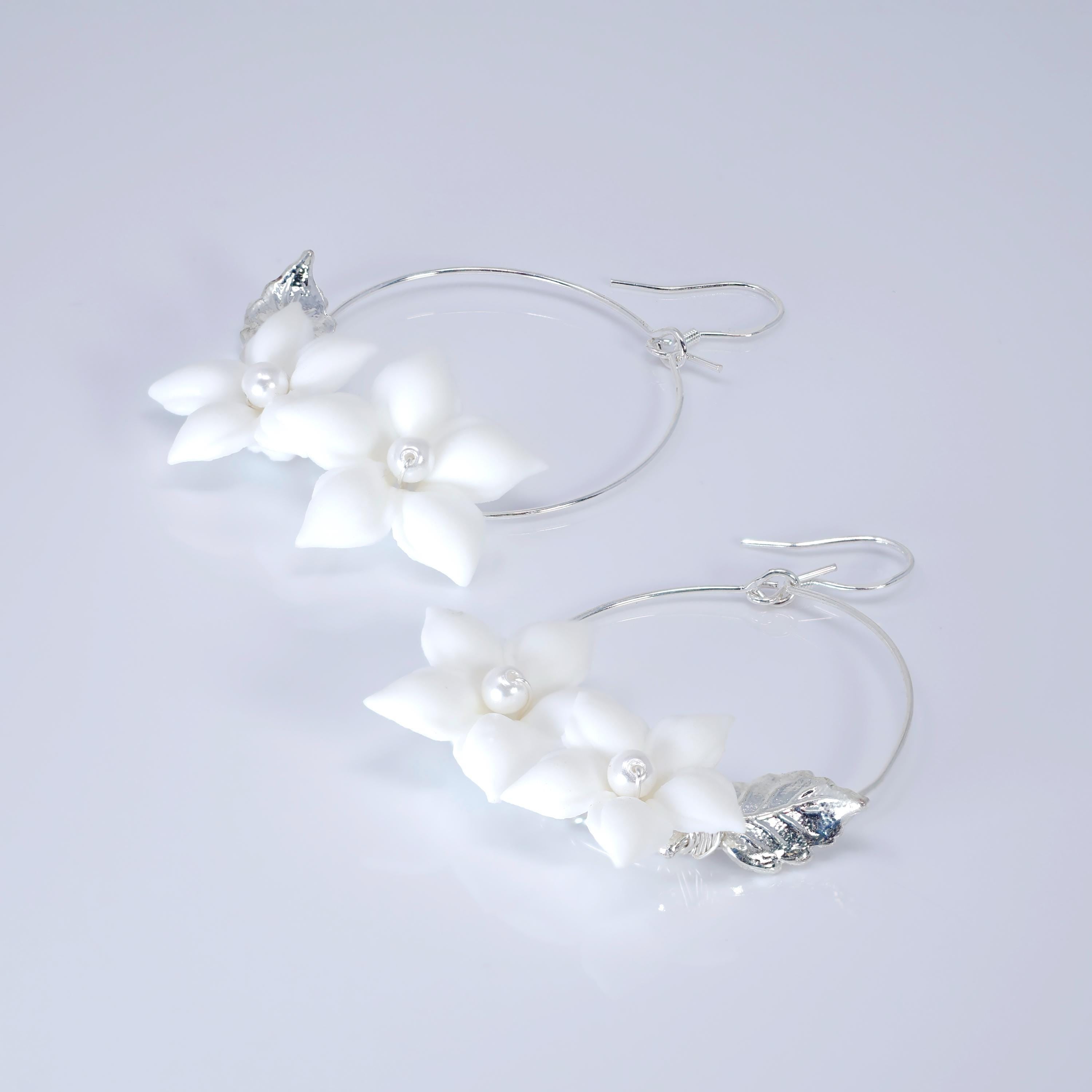 Faux Pearl Porcelain, Bridal White Flower Hoop Earrings, Bridal Jewelry, Pearl Bridal Earrings, Statement Dangle Earrings