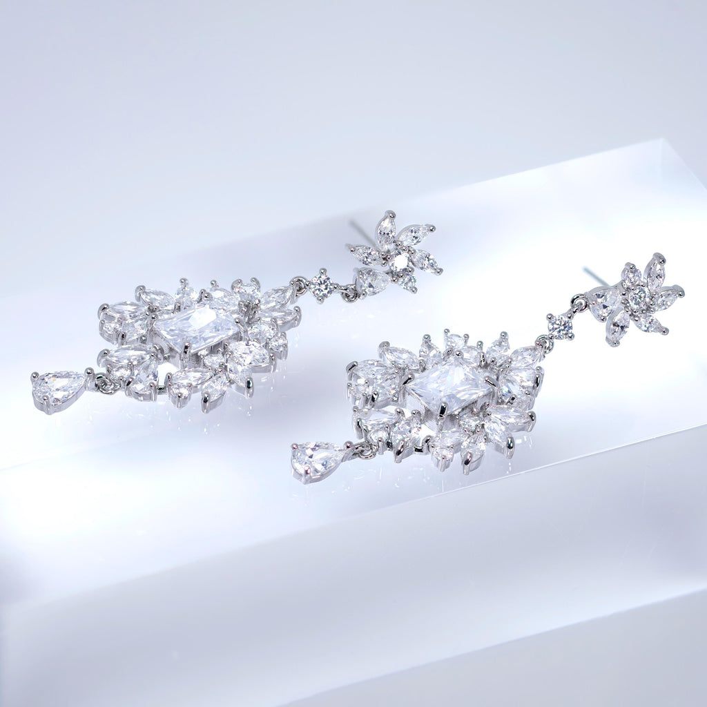 CZ Grand Ballroom Bridal Earrings: Long Petal Drop, Statement CZ Jewelry, Gift For Her,