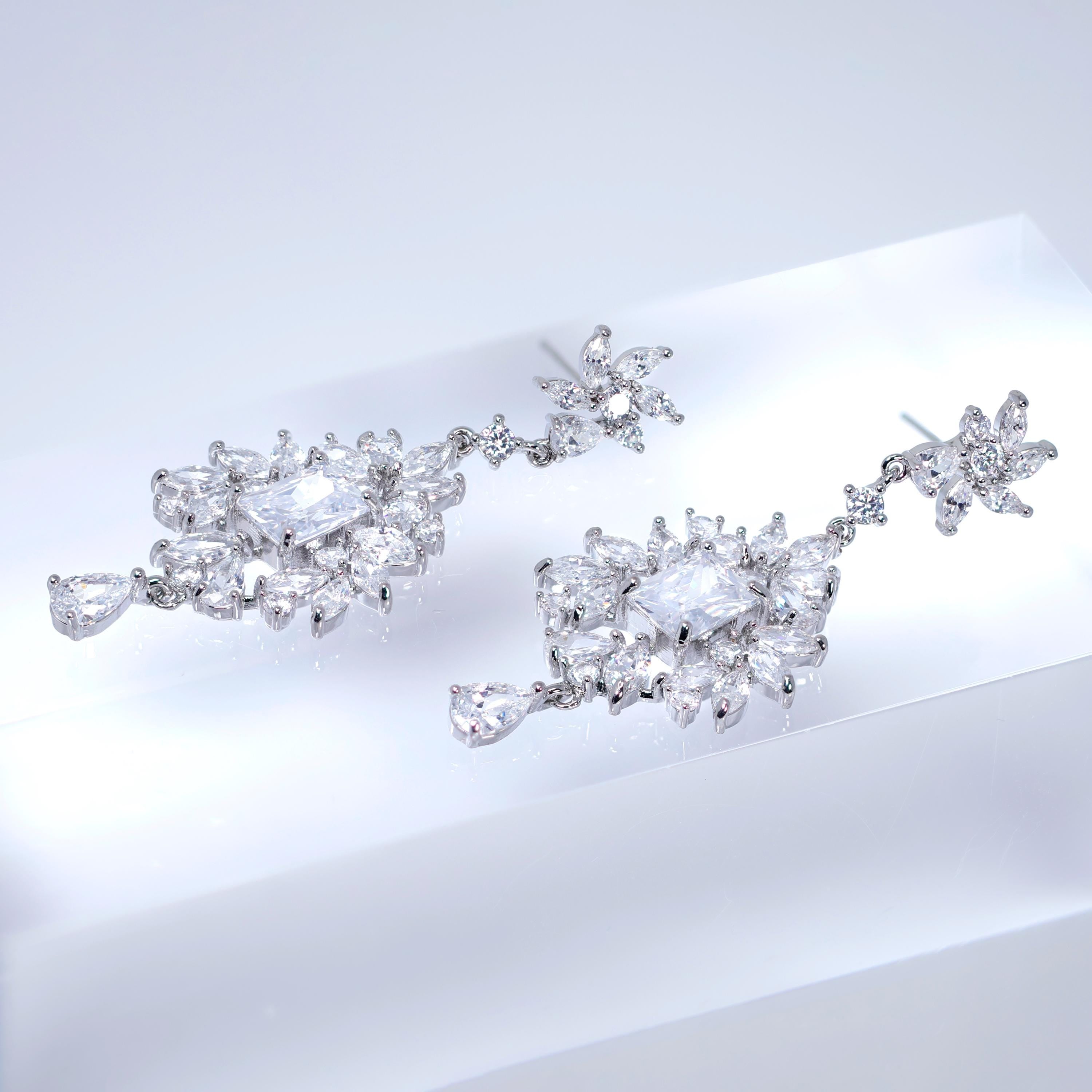 CZ Grand Ballroom Bridal Earrings: Long Petal Drop, Statement CZ Jewelry, Gift For Her,