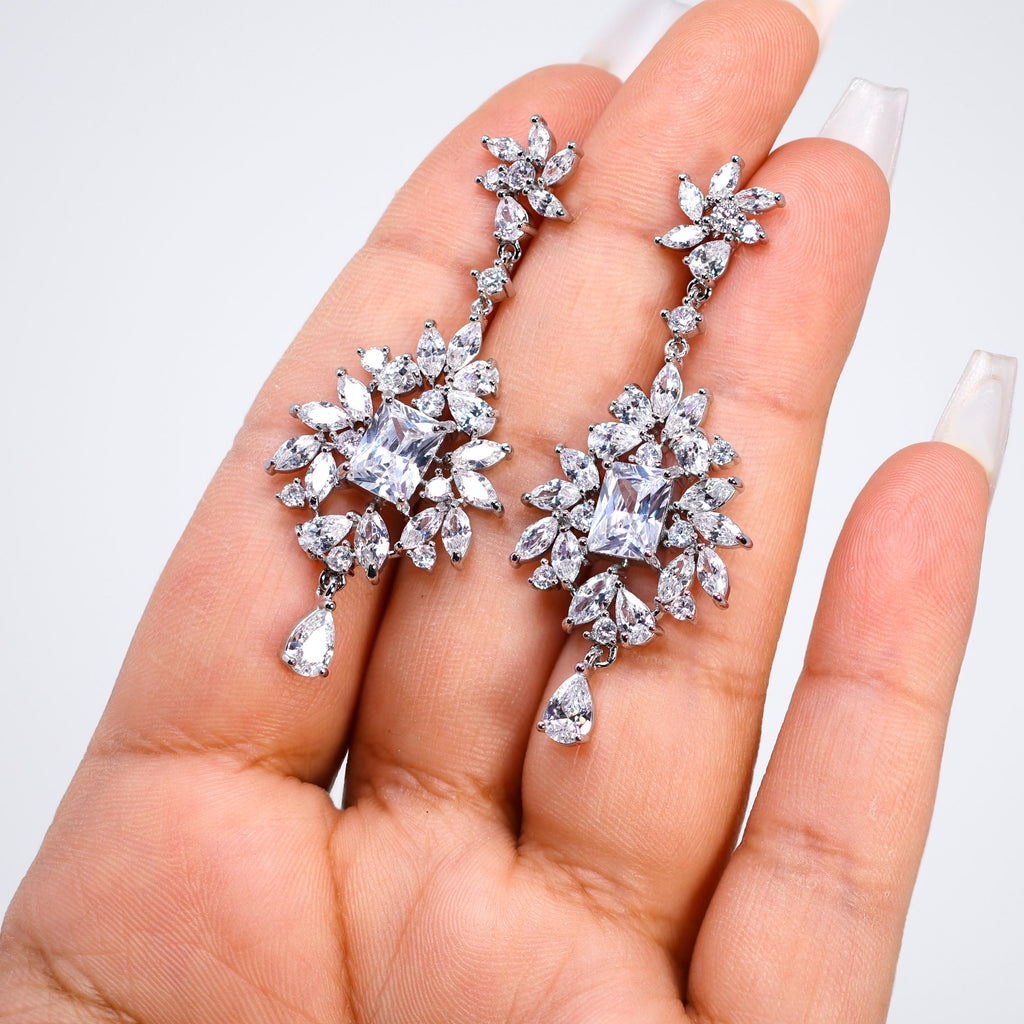 CZ Grand Ballroom Bridal Earrings: Long Petal Drop, Statement CZ Jewelry, Gift For Her,