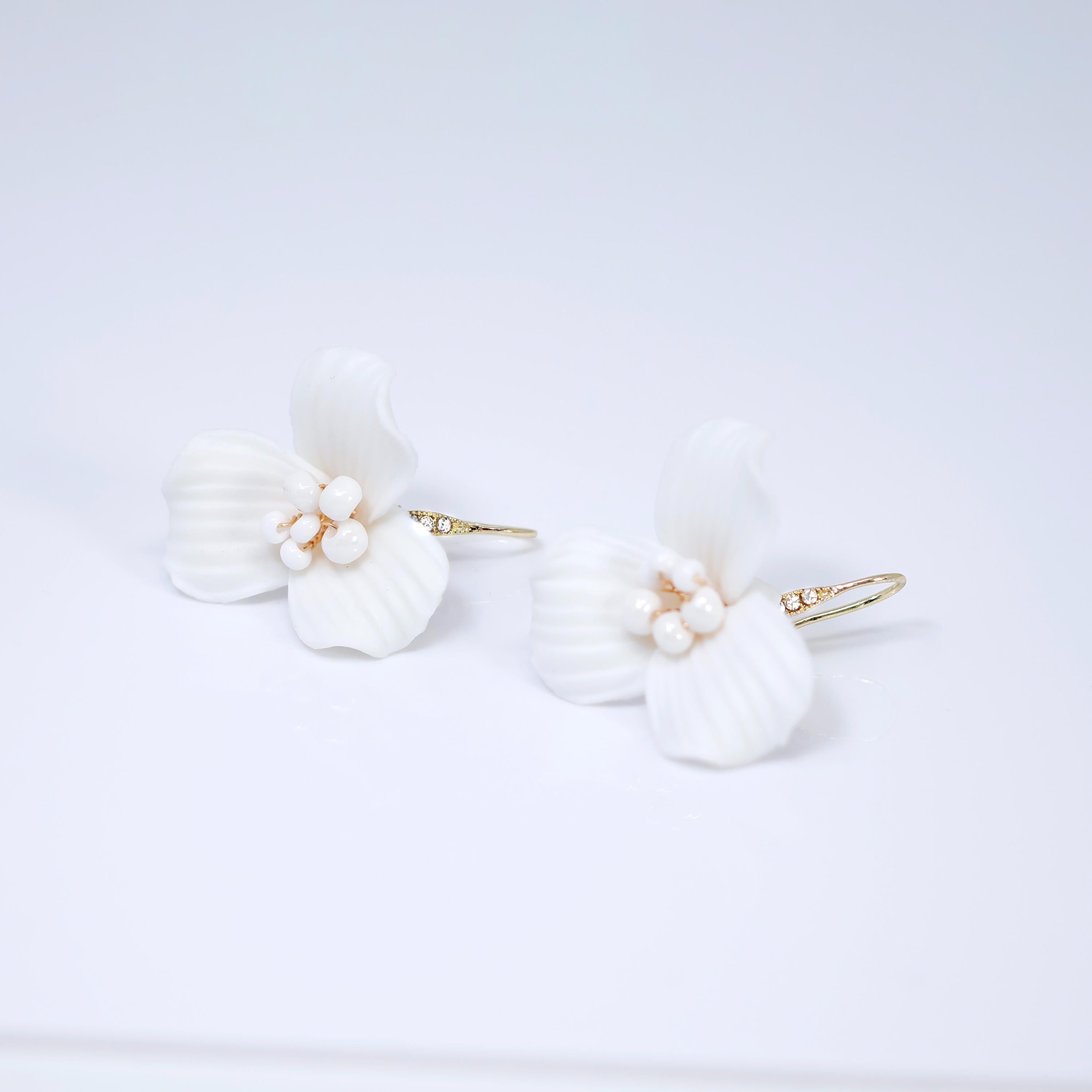 White Flower Lily Bloom Earrings, Long Bridal Jewelry Bridal Earrings Crystal Bridal Earrings Statement Earrings Cz