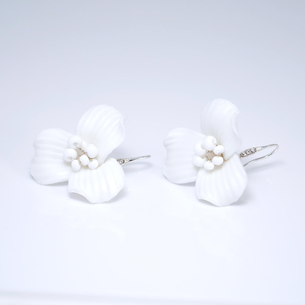 White Flower Lily Bloom Earrings, Long Bridal Jewelry Bridal Earrings Crystal Bridal Earrings Statement Earrings Cz