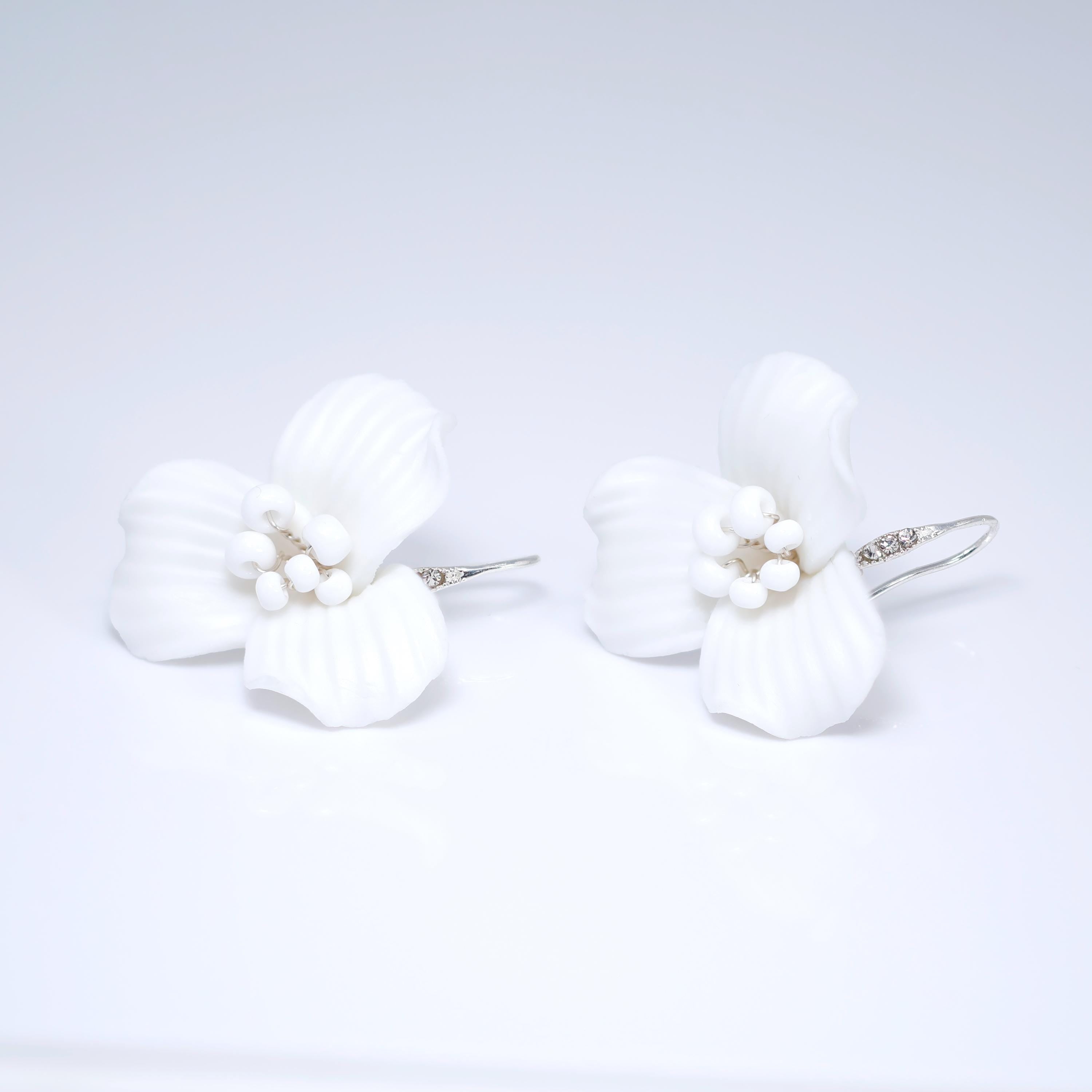White Flower Lily Bloom Earrings, Long Bridal Jewelry Bridal Earrings Crystal Bridal Earrings Statement Earrings Cz