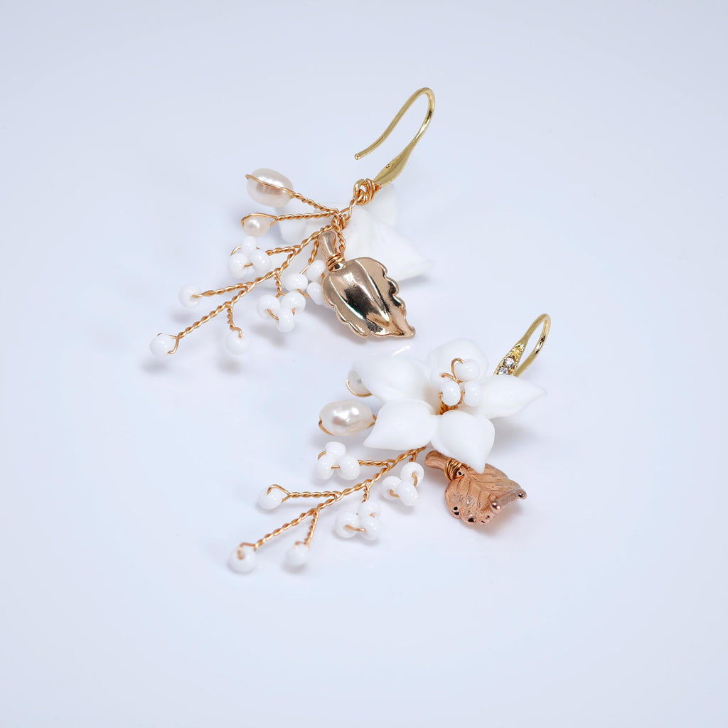 Porcelain White Jasmine flower Natural Freshwater Cultured Pearl Vine Bridal Earring, Dangle earring, Natural Cultured Pearl Earring
