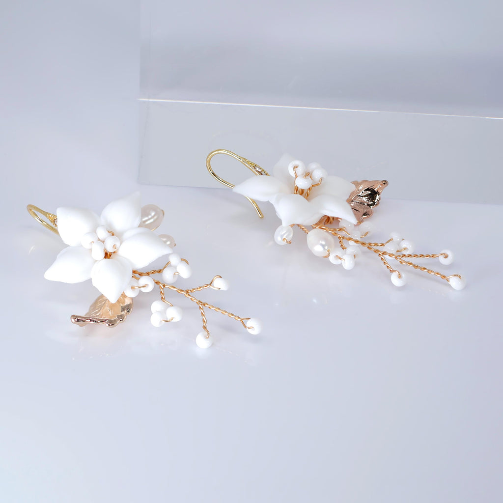 Porcelain White Jasmine flower Natural Freshwater Cultured Pearl Vine Bridal Earring, Dangle earring, Natural Cultured Pearl Earring
