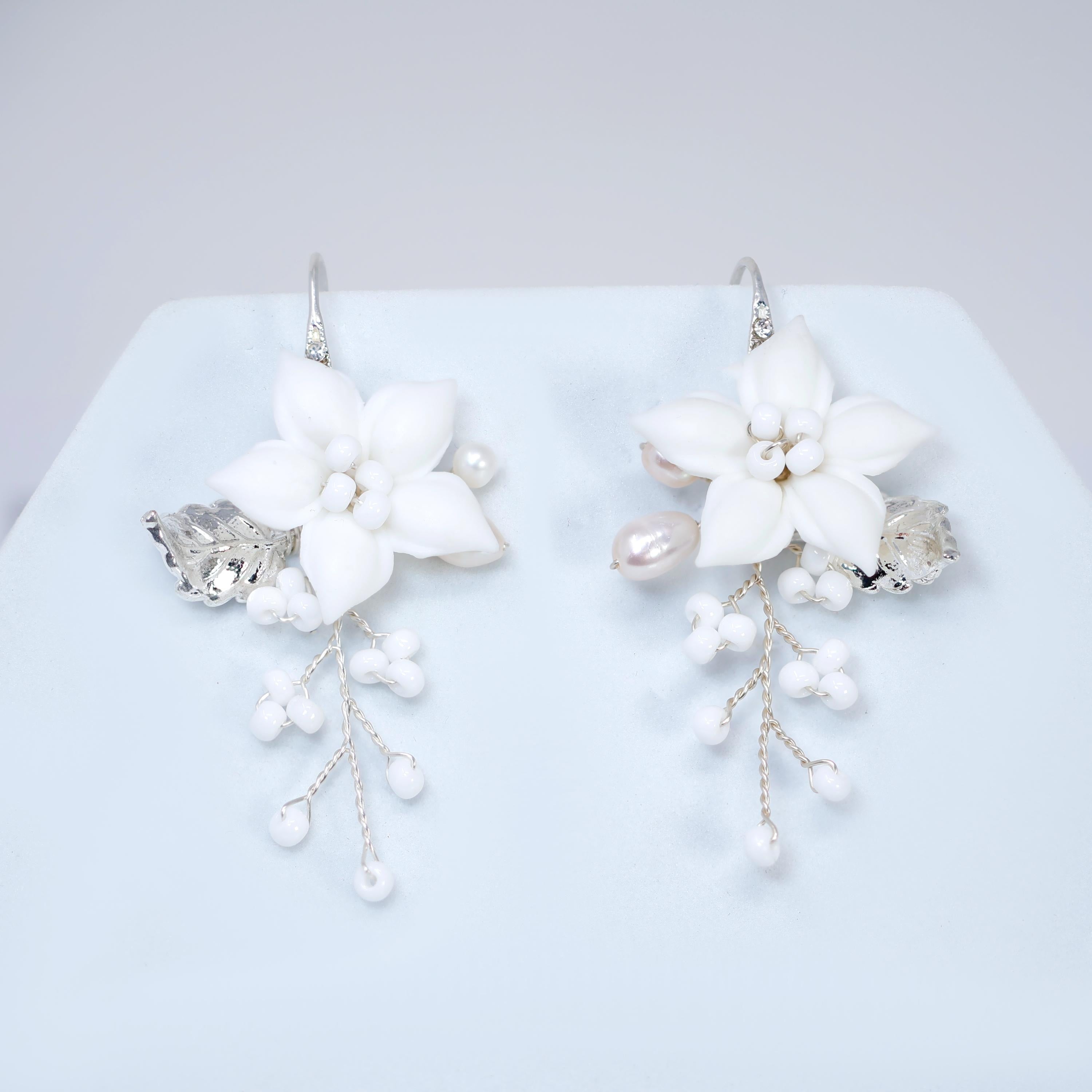 Porcelain White Jasmine flower Natural Freshwater Cultured Pearl Vine Bridal Earring, Dangle earring, Natural Cultured Pearl Earring