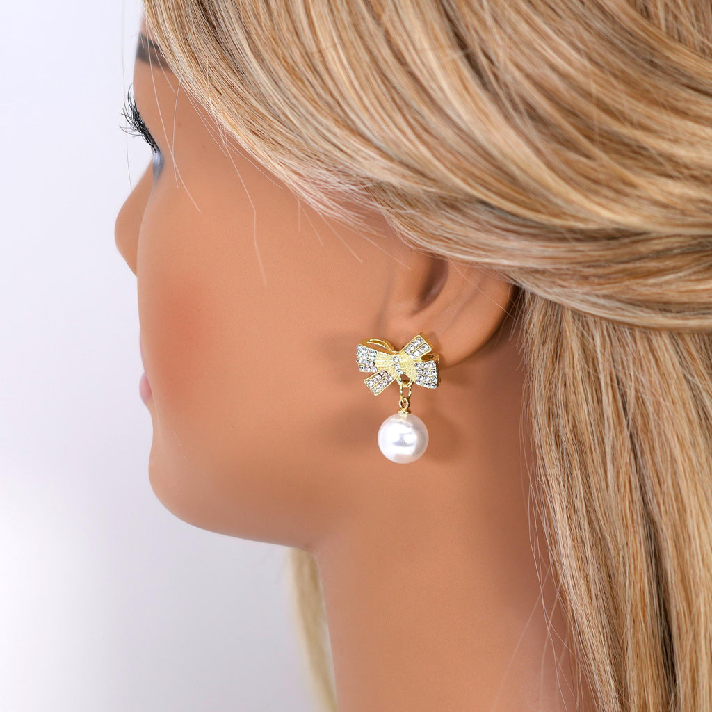 Golden Crystal Bow With white and Black Drop Earrings, Pearl Drop Earrings, Statement earrings.