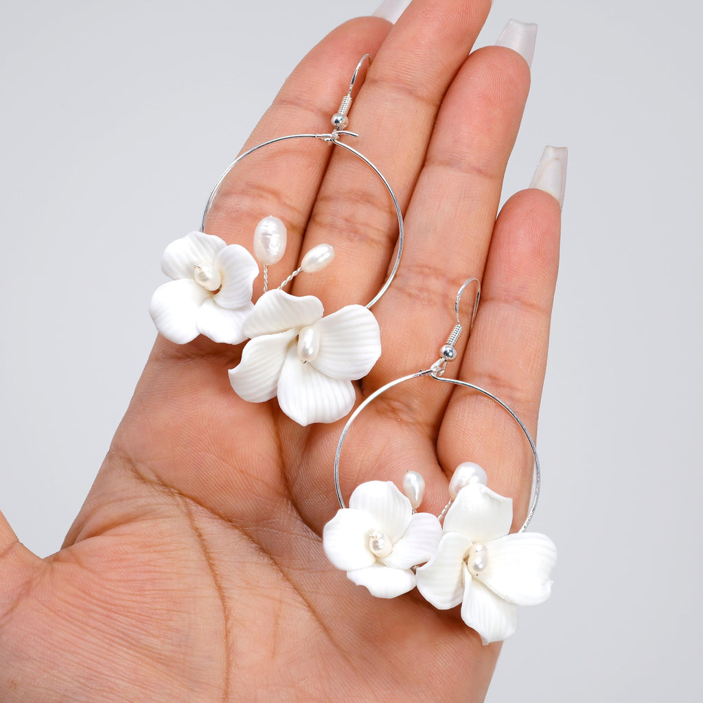 Natural Cultured Pearl Ceramic White Flower Couple Dangle Hoop Earrings, Bridal Jewelry, Pearl Bridal Earrings, Statement Dangle Earrings