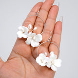 Natural Cultured Pearl Ceramic White Flower Couple Dangle Hoop Earrings, Bridal Jewelry, Pearl Bridal Earrings, Statement Dangle Earrings