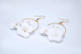 Natural Cultured Pearl Ceramic White Flower Couple Dangle Hoop Earrings, Bridal Jewelry, Pearl Bridal Earrings, Statement Dangle Earrings