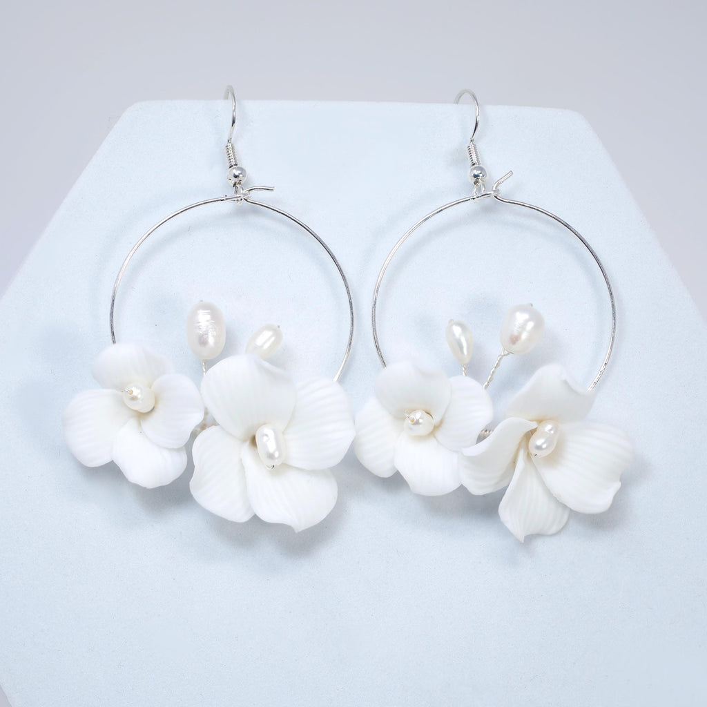 Natural Cultured Pearl Ceramic White Flower Couple Dangle Hoop Earrings, Bridal Jewelry, Pearl Bridal Earrings, Statement Dangle Earrings