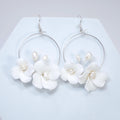 Natural Cultured Pearl Ceramic White Flower Couple Dangle Hoop Earrings, Bridal Jewelry, Pearl Bridal Earrings, Statement Dangle Earrings