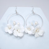 Natural Cultured Pearl Ceramic White Flower Couple Dangle Hoop Earrings, Bridal Jewelry, Pearl Bridal Earrings, Statement Dangle Earrings