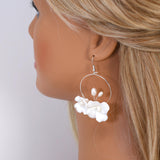 Natural Cultured Pearl Ceramic White Flower Couple Dangle Hoop Earrings, Bridal Jewelry, Pearl Bridal Earrings, Statement Dangle Earrings