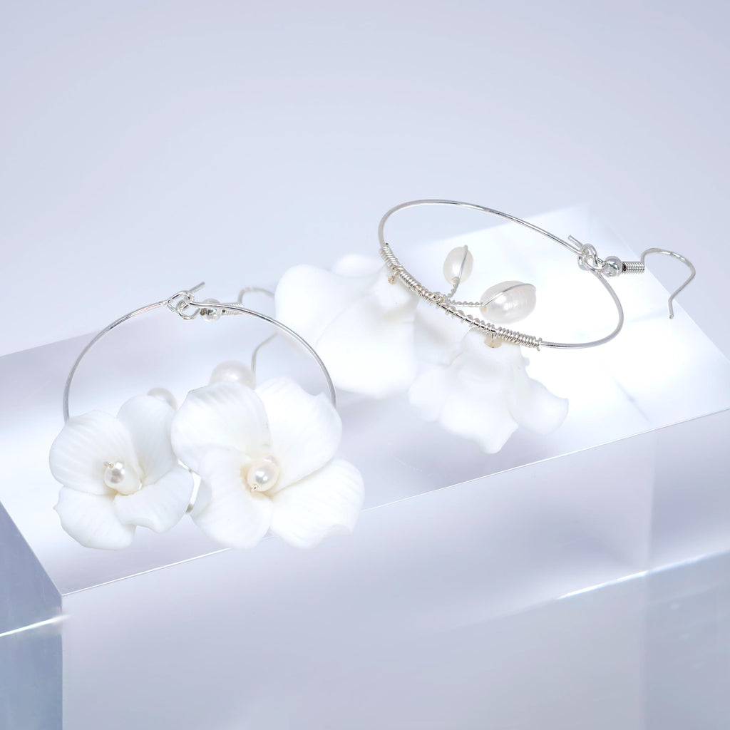 Natural Cultured Pearl Ceramic White Flower Couple Dangle Hoop Earrings, Bridal Jewelry, Pearl Bridal Earrings, Statement Dangle Earrings