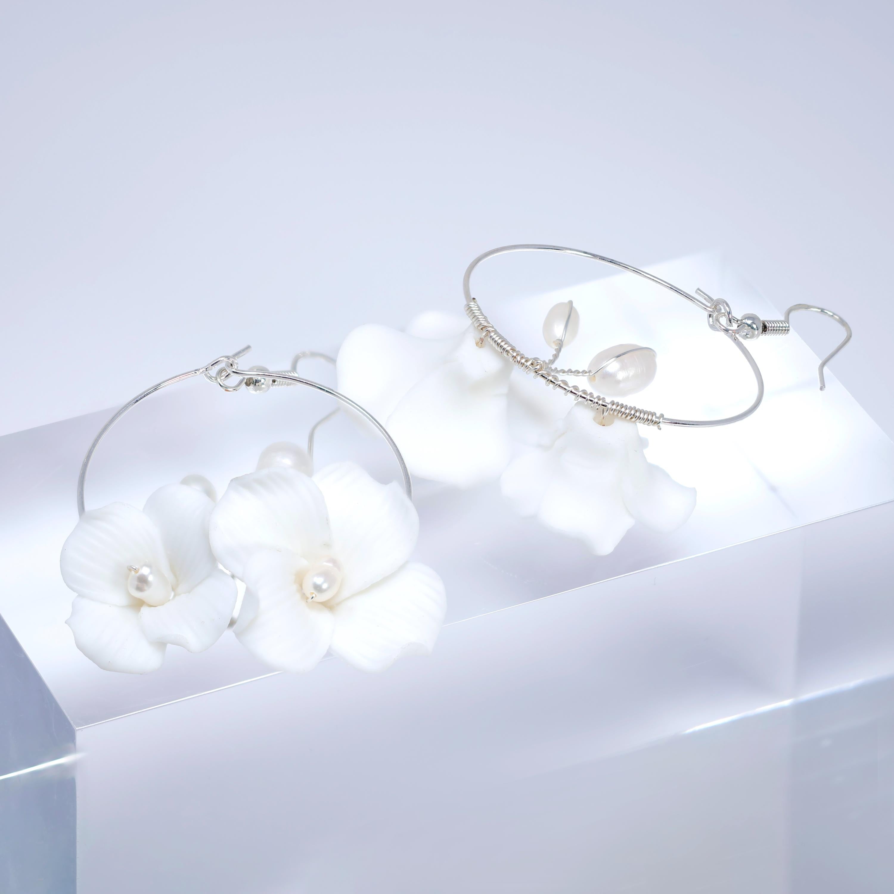 Natural Cultured Pearl Ceramic White Flower Couple Dangle Hoop Earrings, Bridal Jewelry, Pearl Bridal Earrings, Statement Dangle Earrings