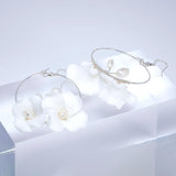 Natural Cultured Pearl Ceramic White Flower Couple Dangle Hoop Earrings, Bridal Jewelry, Pearl Bridal Earrings, Statement Dangle Earrings