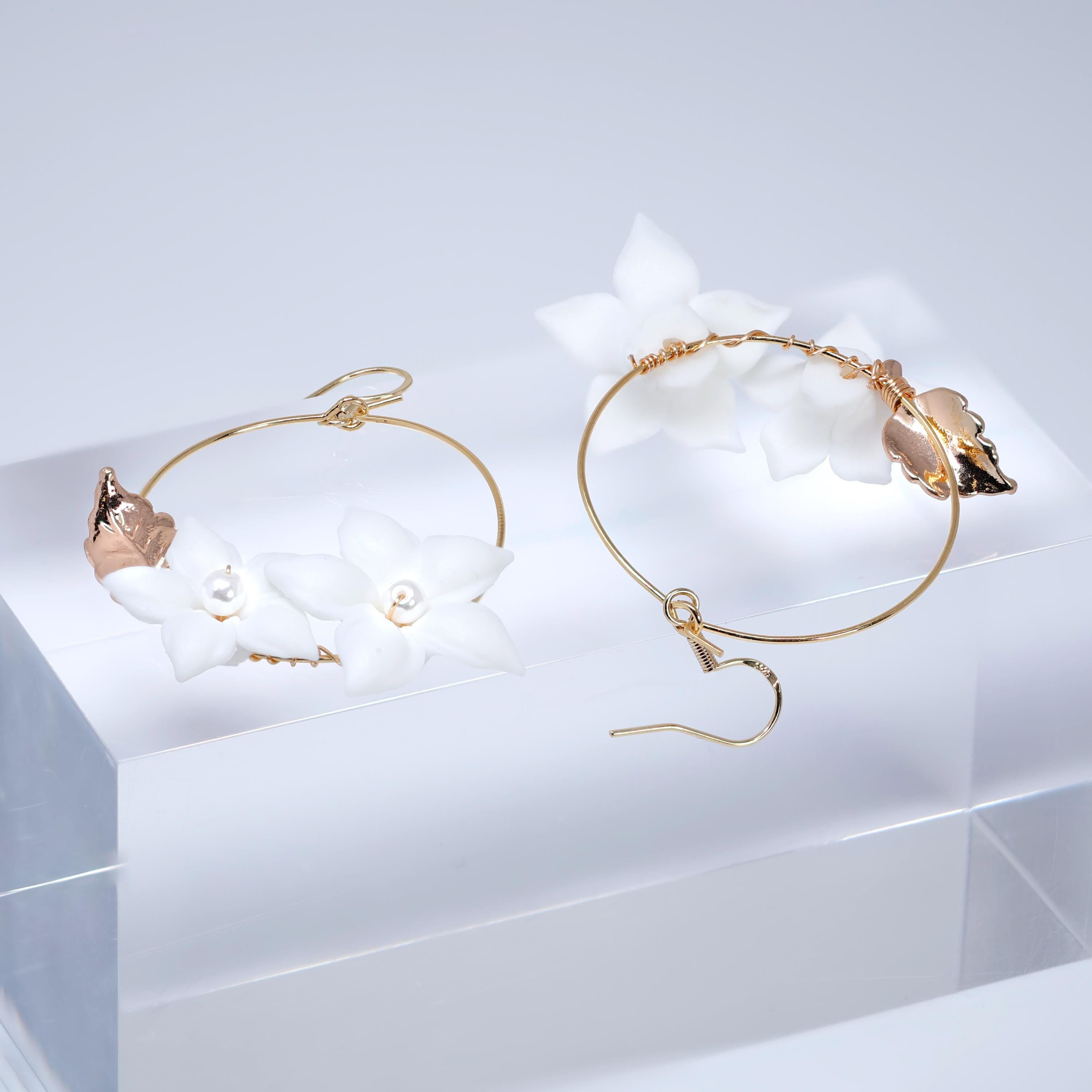 Faux Pearl Porcelain, Bridal White Flower Hoop Earrings, Bridal Jewelry, Pearl Bridal Earrings, Statement Dangle Earrings