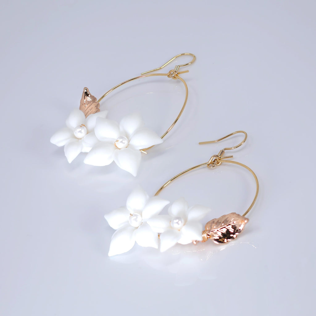 Faux Pearl Porcelain, Bridal White Flower Hoop Earrings, Bridal Jewelry, Pearl Bridal Earrings, Statement Dangle Earrings