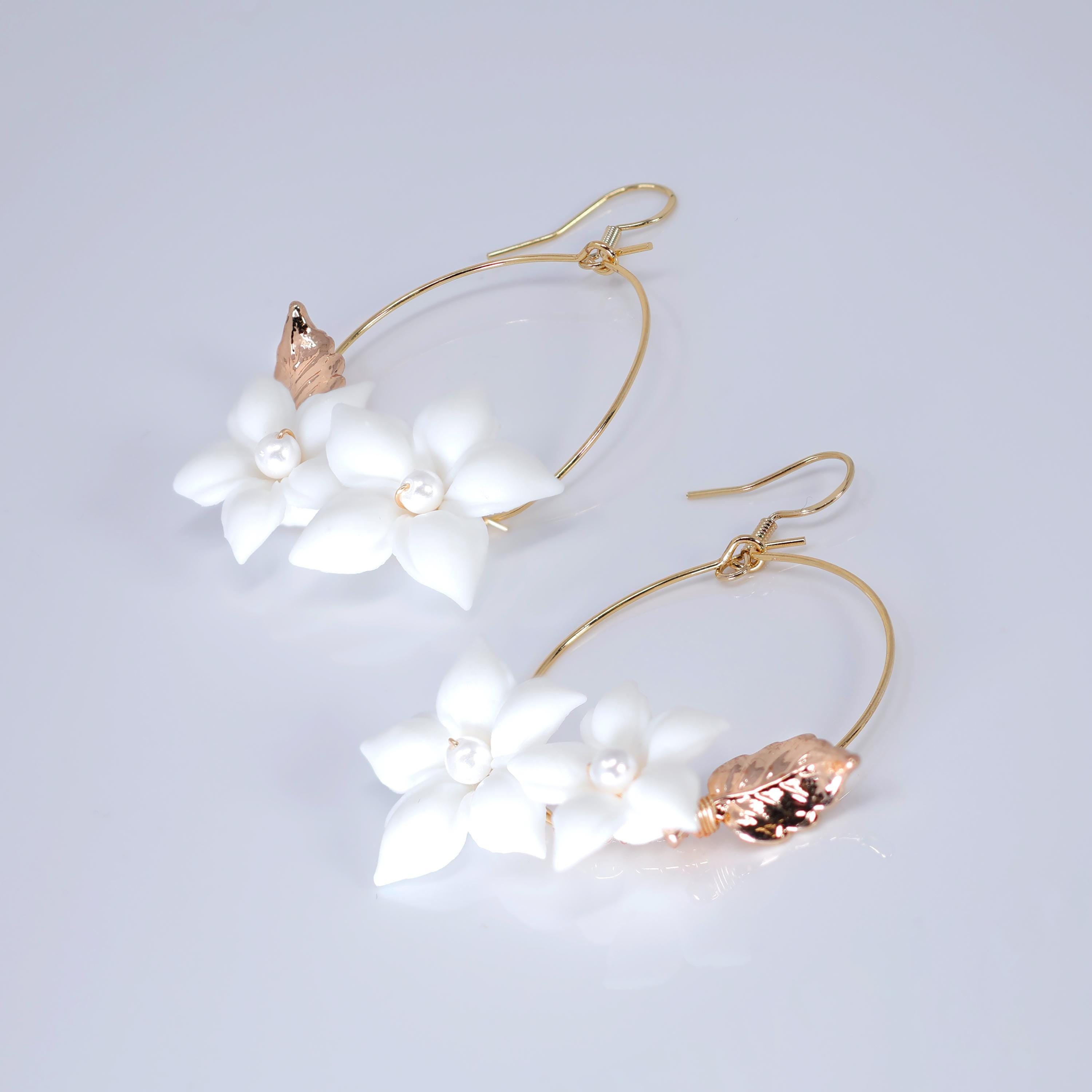 Faux Pearl Porcelain, Bridal White Flower Hoop Earrings, Bridal Jewelry, Pearl Bridal Earrings, Statement Dangle Earrings
