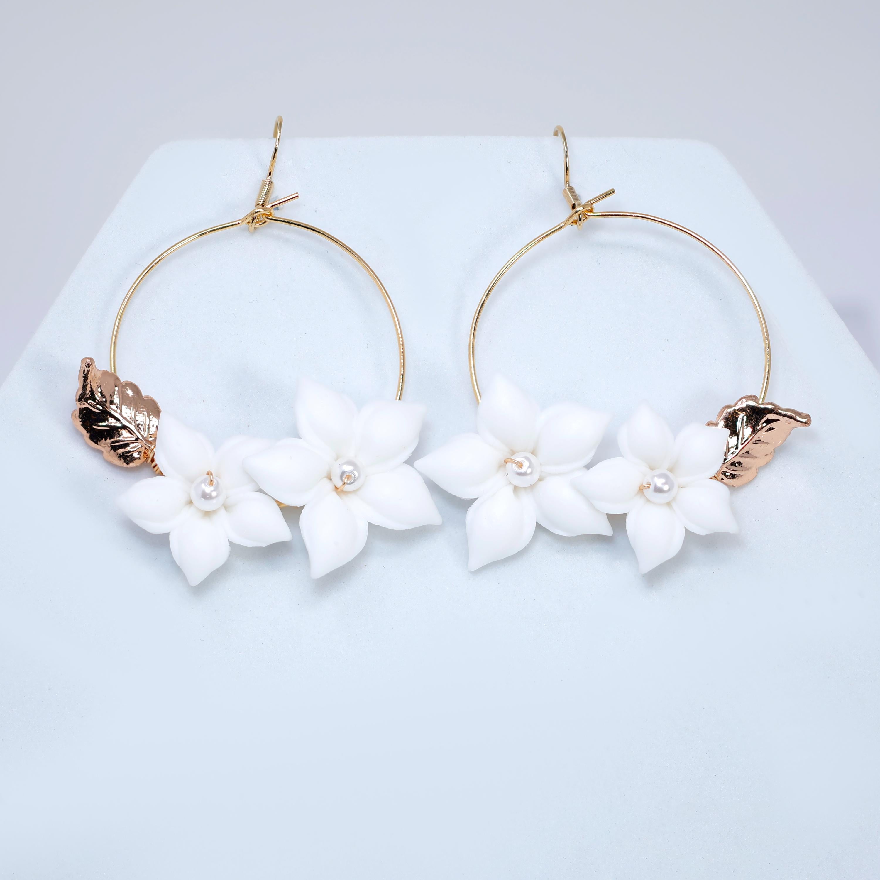 Faux Pearl Porcelain, Bridal White Flower Hoop Earrings, Bridal Jewelry, Pearl Bridal Earrings, Statement Dangle Earrings