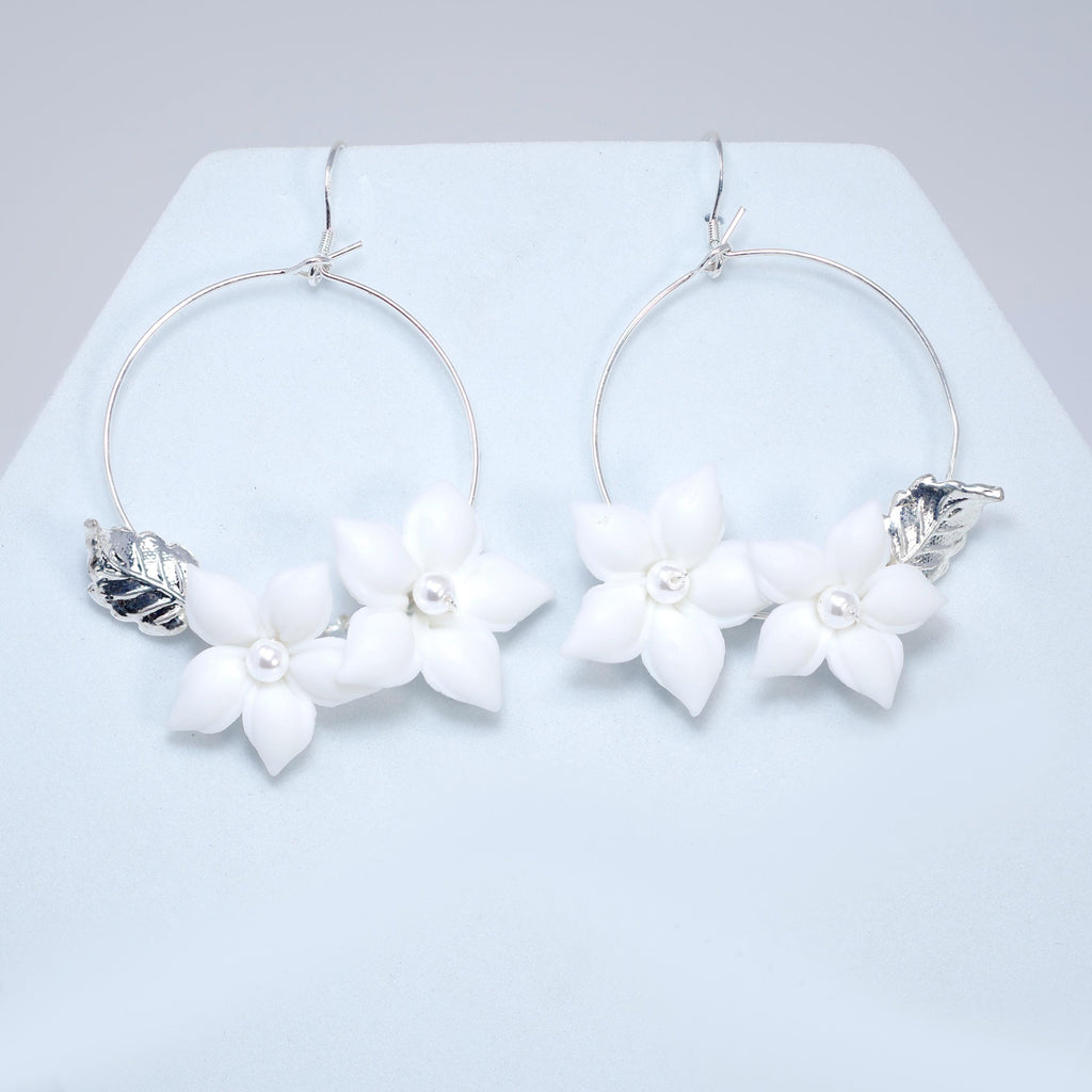 Faux Pearl Porcelain, Bridal White Flower Hoop Earrings, Bridal Jewelry, Pearl Bridal Earrings, Statement Dangle Earrings