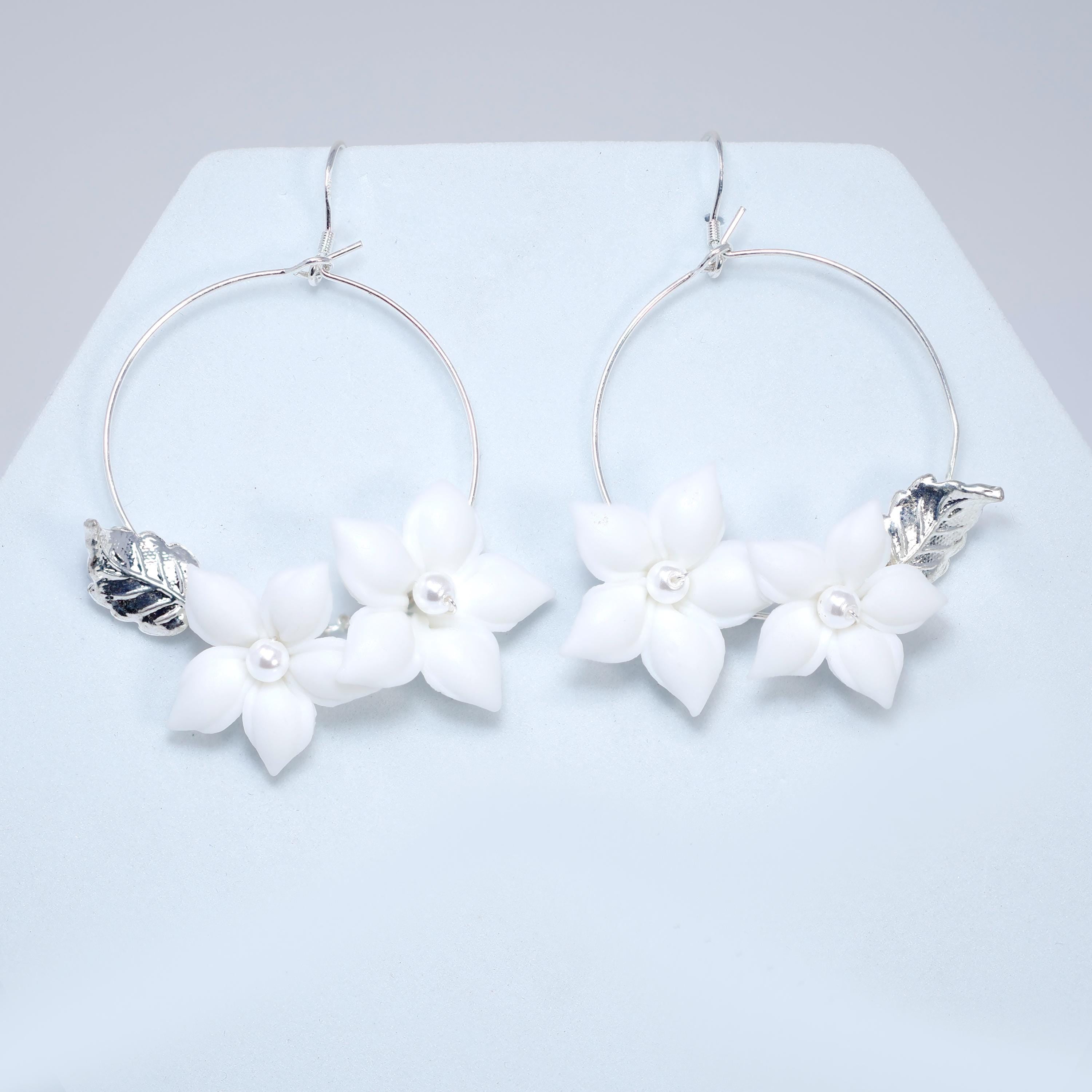 Faux Pearl Porcelain, Bridal White Flower Hoop Earrings, Bridal Jewelry, Pearl Bridal Earrings, Statement Dangle Earrings