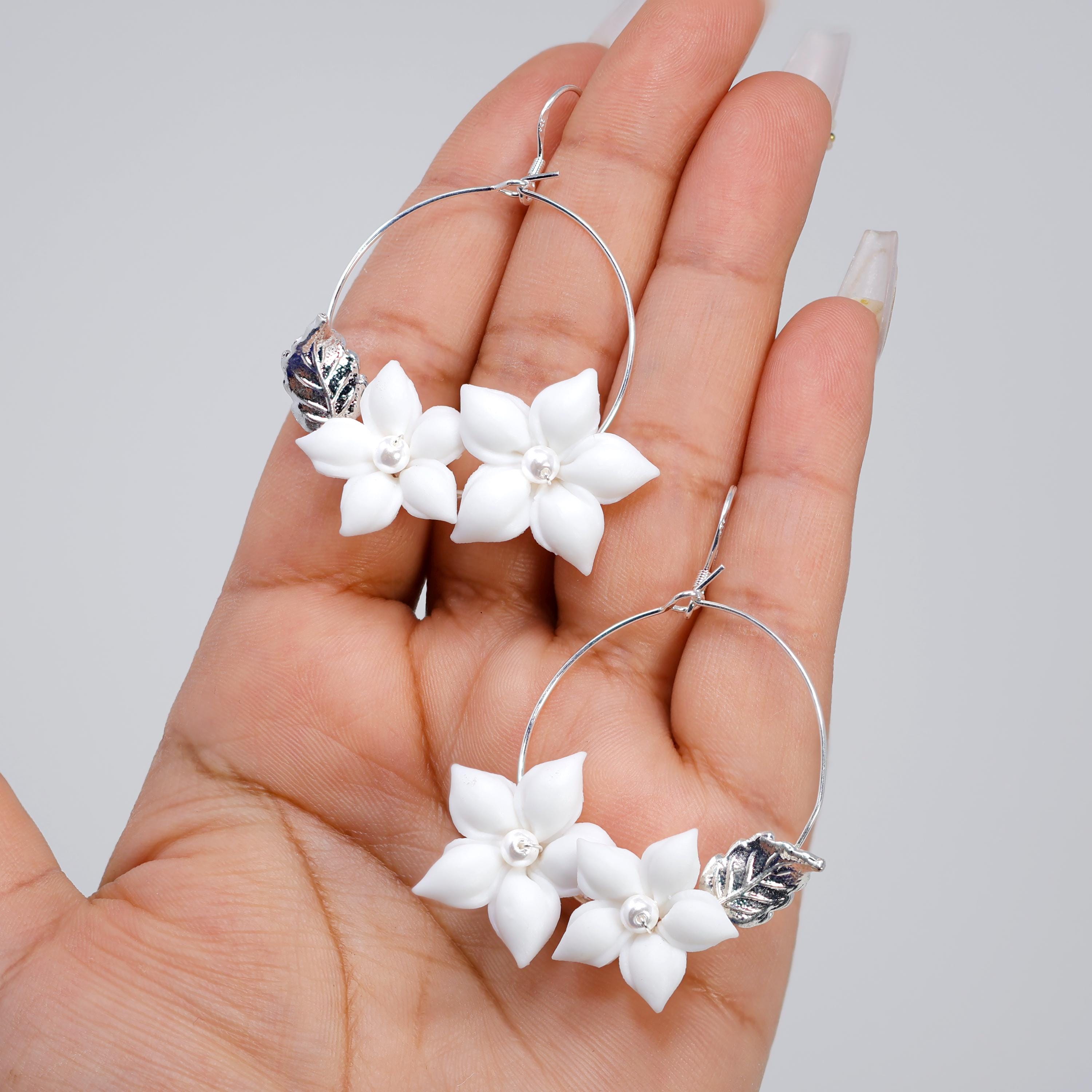 Faux Pearl Porcelain, Bridal White Flower Hoop Earrings, Bridal Jewelry, Pearl Bridal Earrings, Statement Dangle Earrings