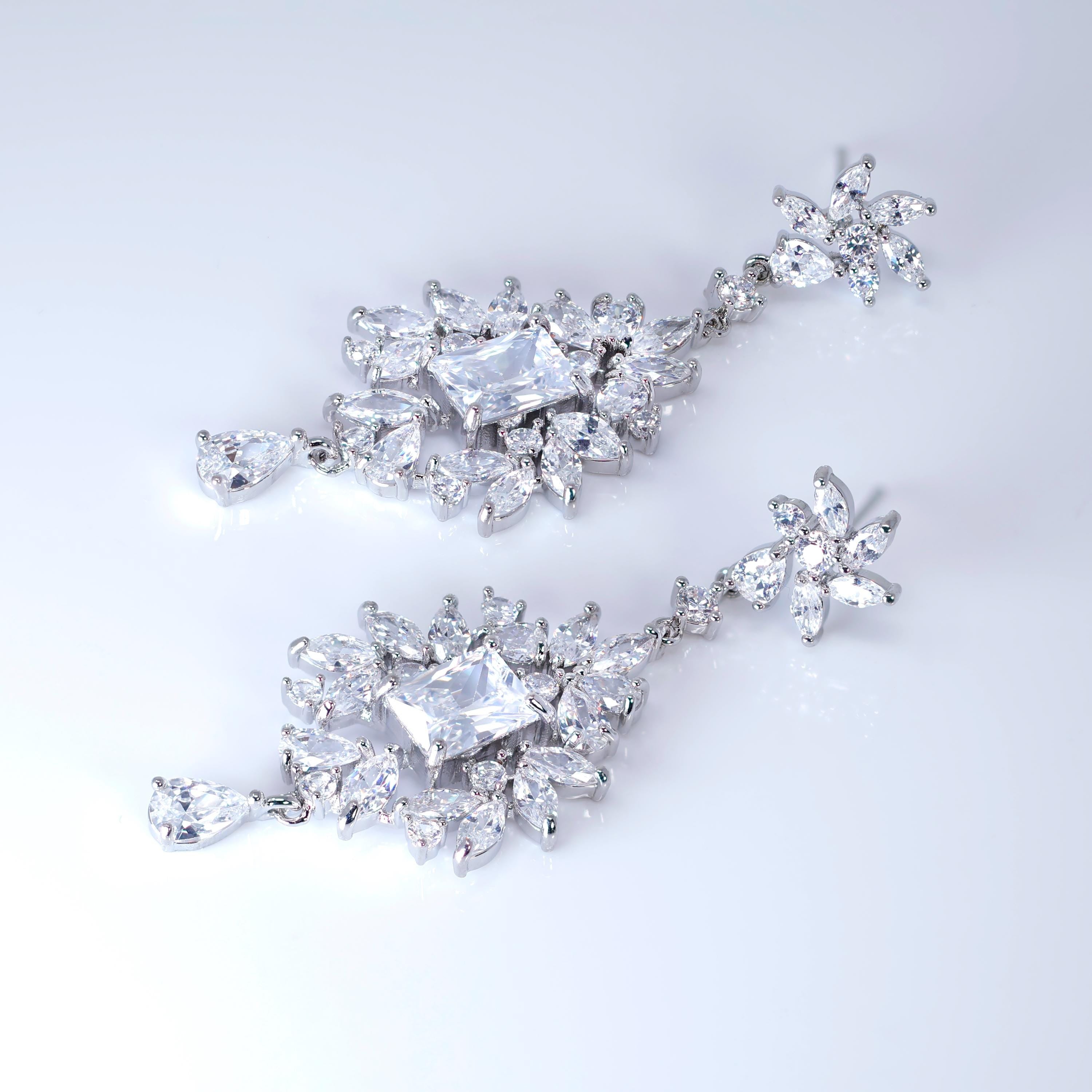 CZ Grand Ballroom Bridal Earrings: Long Petal Drop, Statement CZ Jewelry, Gift For Her,