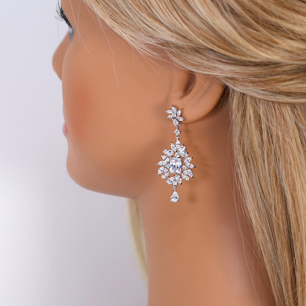 CZ Grand Ballroom Bridal Earrings: Long Petal Drop, Statement CZ Jewelry, Gift For Her,