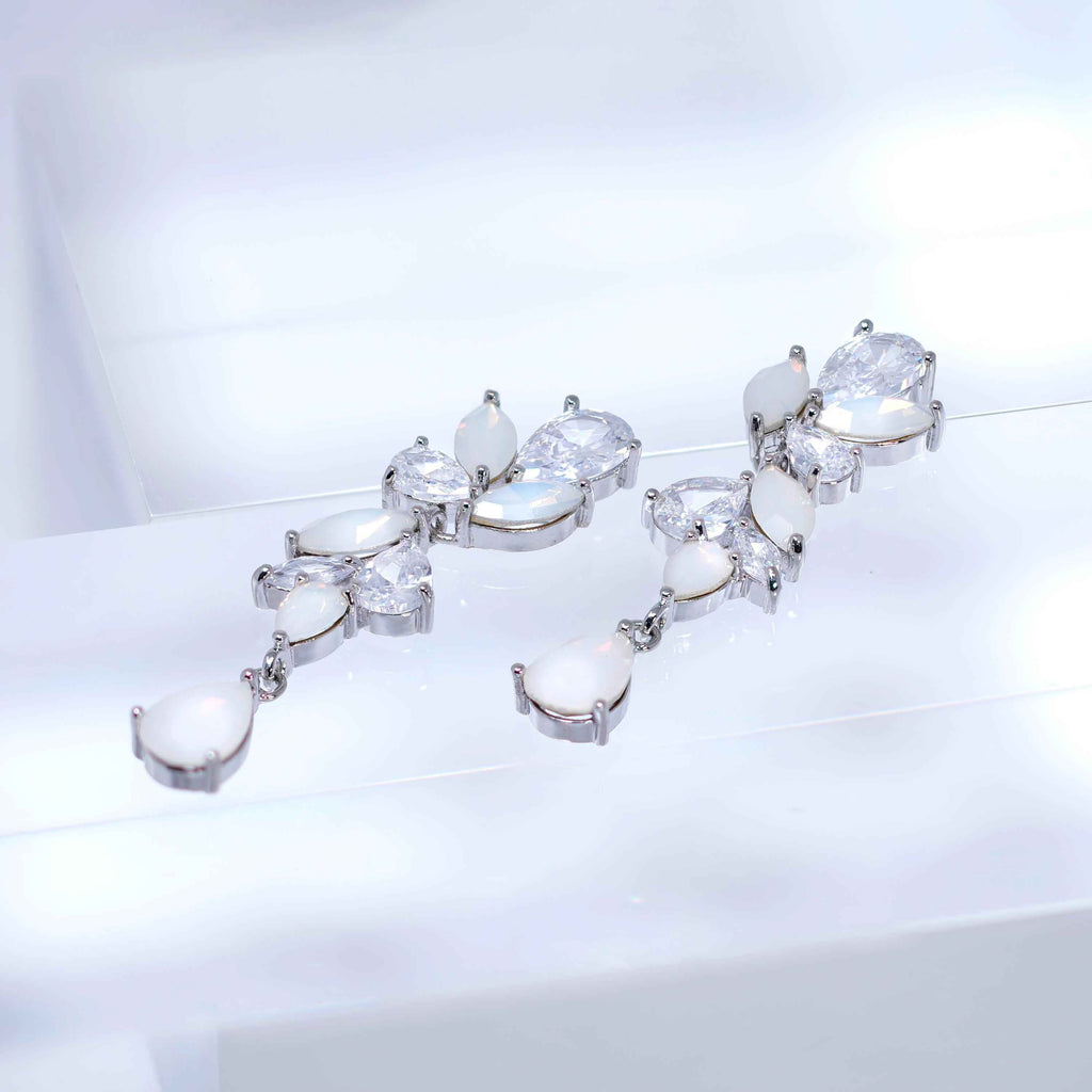Something Blue And Dainty Opaline Garden Bridal Earring And Bracelet Set, Long Bridal Jewelry Crystal Bridal Earrings, Statement Earrings