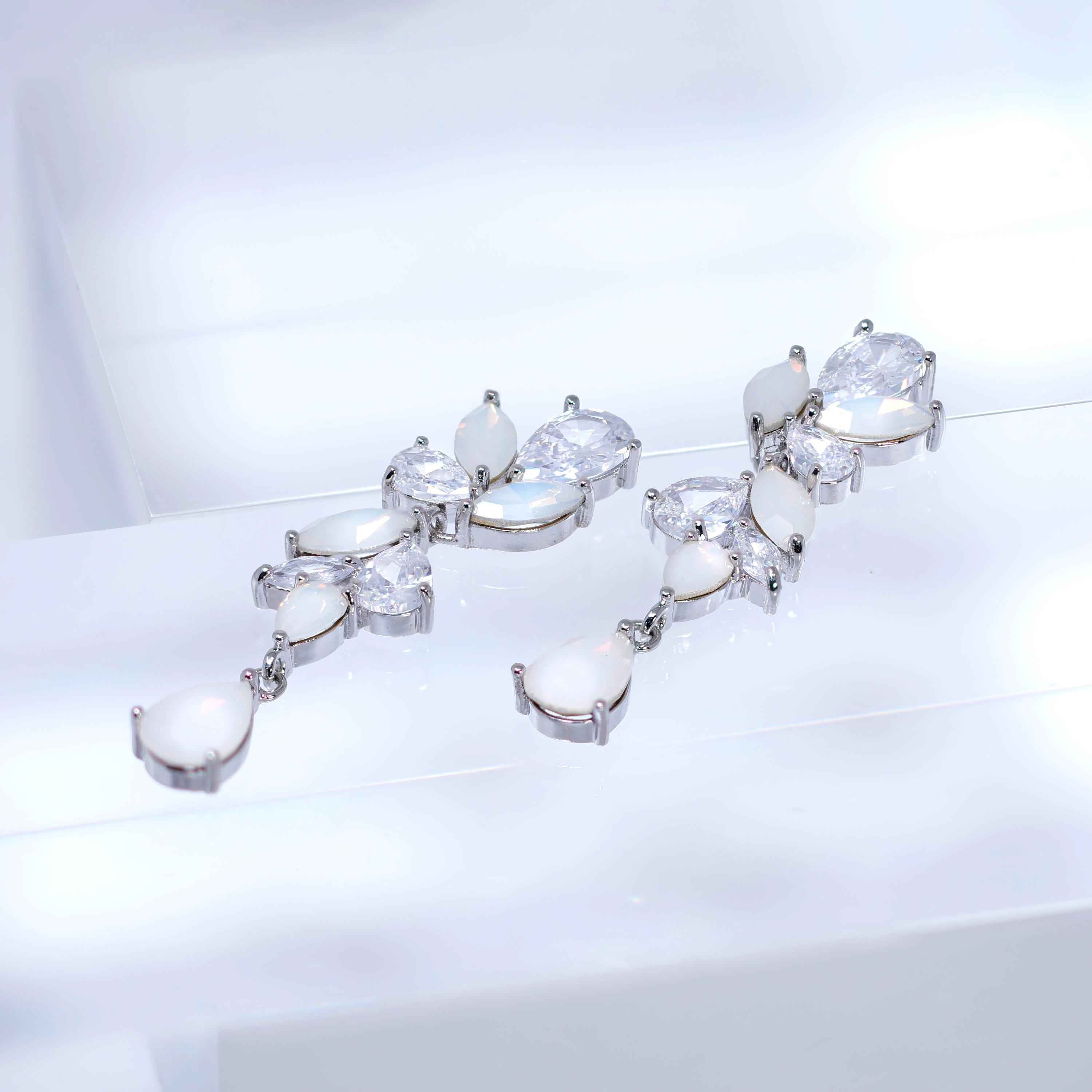 Something Blue And Dainty Opaline Garden Bridal Earring And Bracelet Set, Long Bridal Jewelry Crystal Bridal Earrings, Statement Earrings