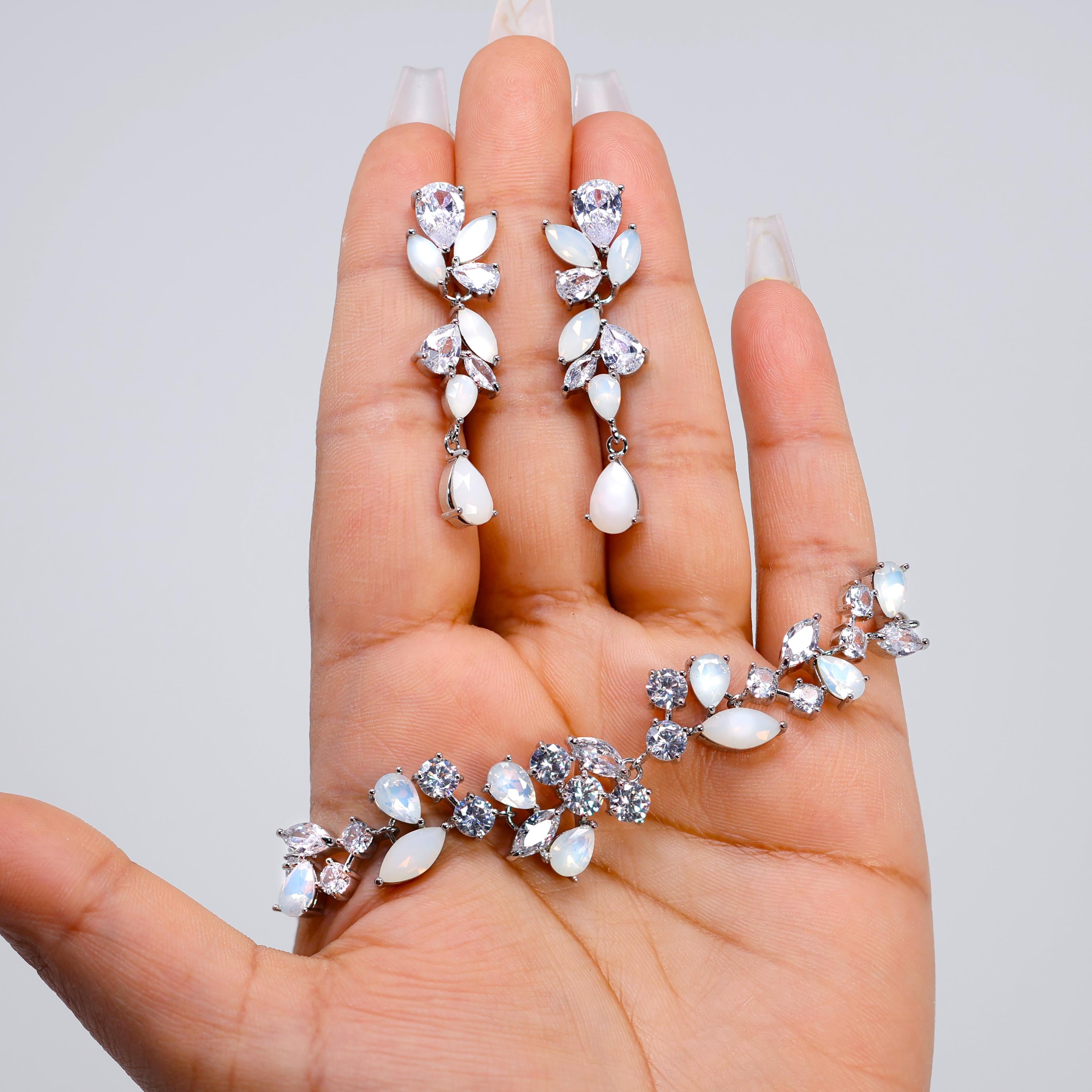 Something Blue And Dainty Opaline Garden Bridal Earring And Bracelet Set, Long Bridal Jewelry Crystal Bridal Earrings, Statement Earrings