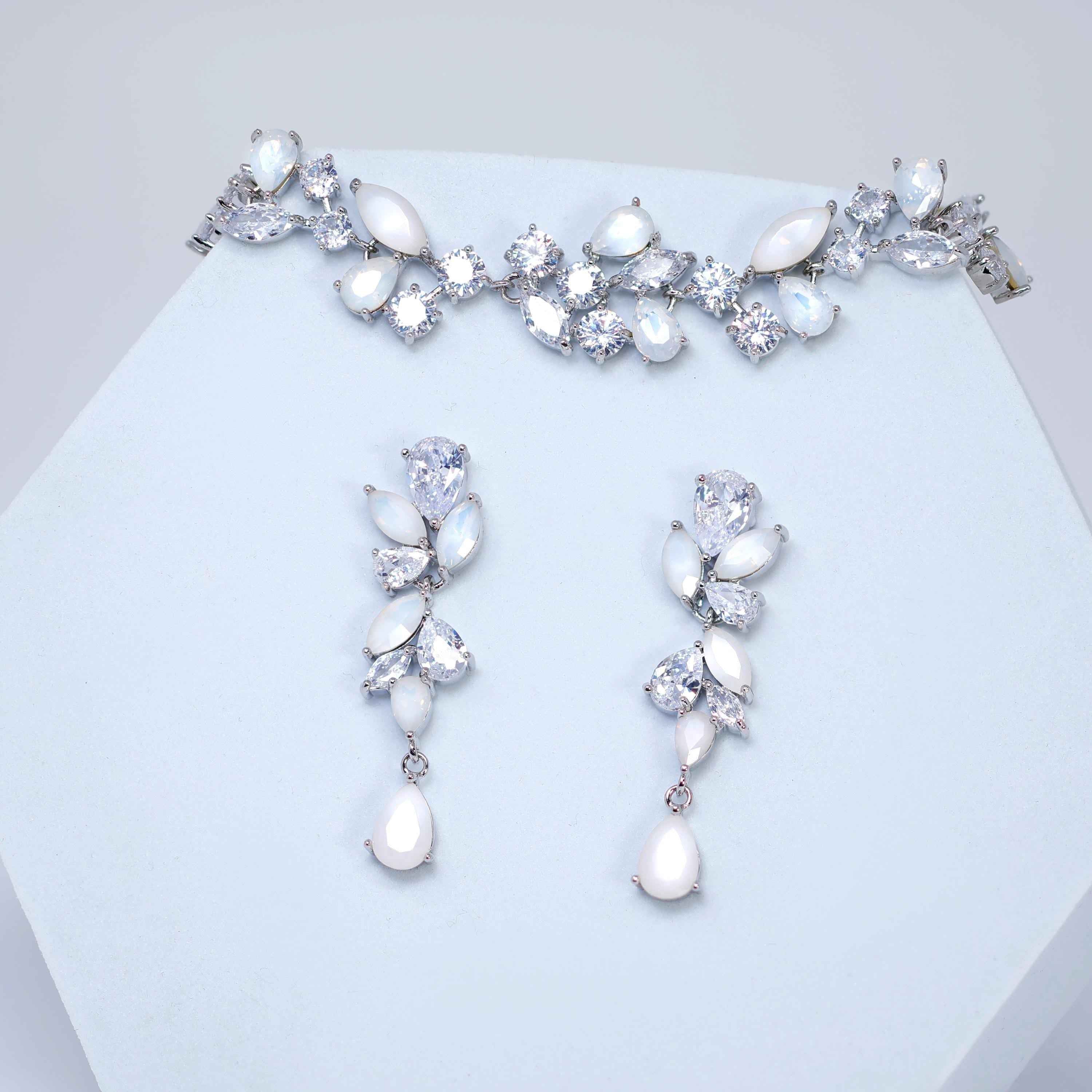 Something Blue And Dainty Opaline Garden Bridal Earring And Bracelet Set, Long Bridal Jewelry Crystal Bridal Earrings, Statement Earrings