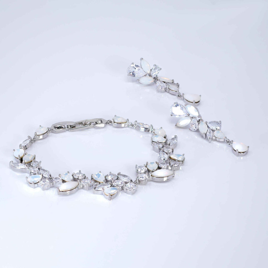 Something Blue And Dainty Opaline Garden Bridal Earring And Bracelet Set, Long Bridal Jewelry Crystal Bridal Earrings, Statement Earrings