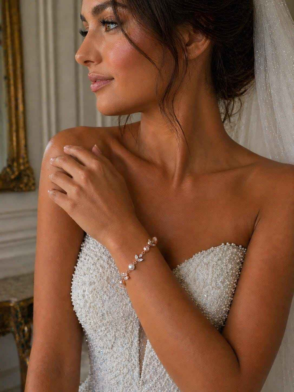Rose gold Faux Pearls And Leaves Tennis Bracelet, Delicate Bracelet, Bracelet Femme, Wedding Bracelet, Bridesmaid Gift, Bridal Bracelet.