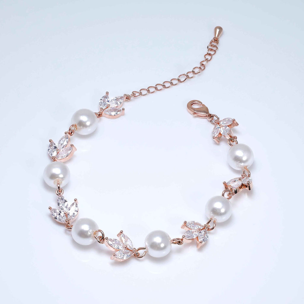 Rose gold Faux Pearls And Leaves Tennis Bracelet, Delicate Bracelet, Bracelet Femme, Wedding Bracelet, Bridesmaid Gift, Bridal Bracelet.