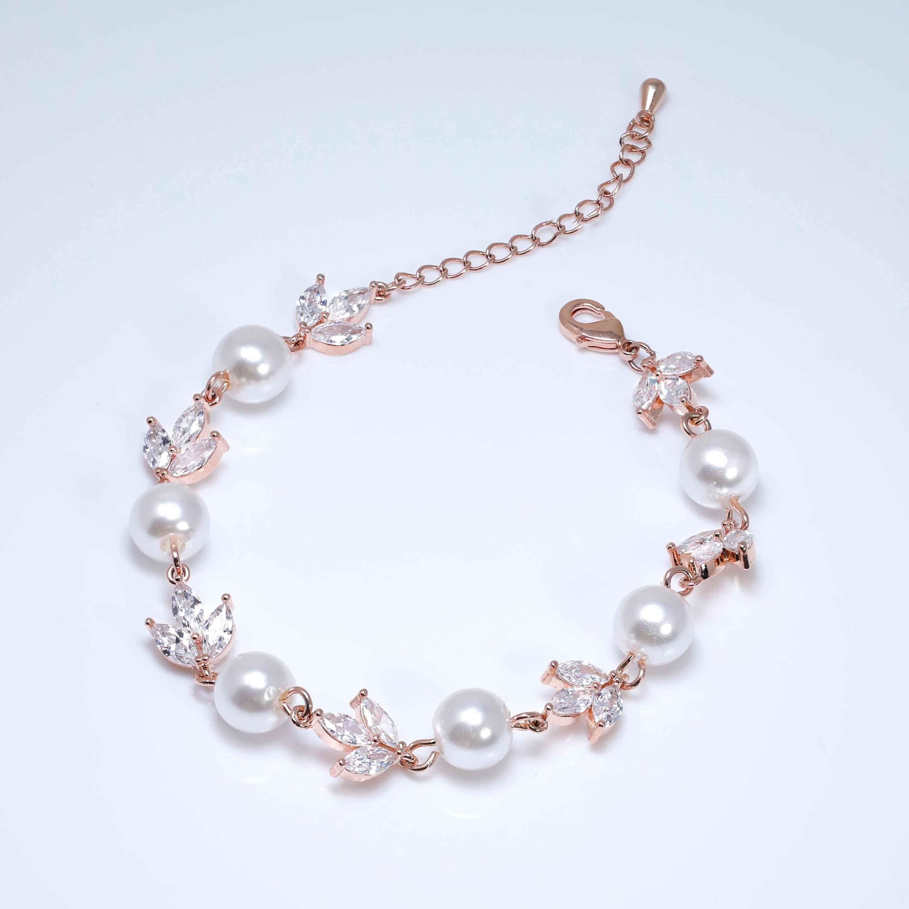 Rose gold Faux Pearls And Leaves Tennis Bracelet, Delicate Bracelet, Bracelet Femme, Wedding Bracelet, Bridesmaid Gift, Bridal Bracelet.