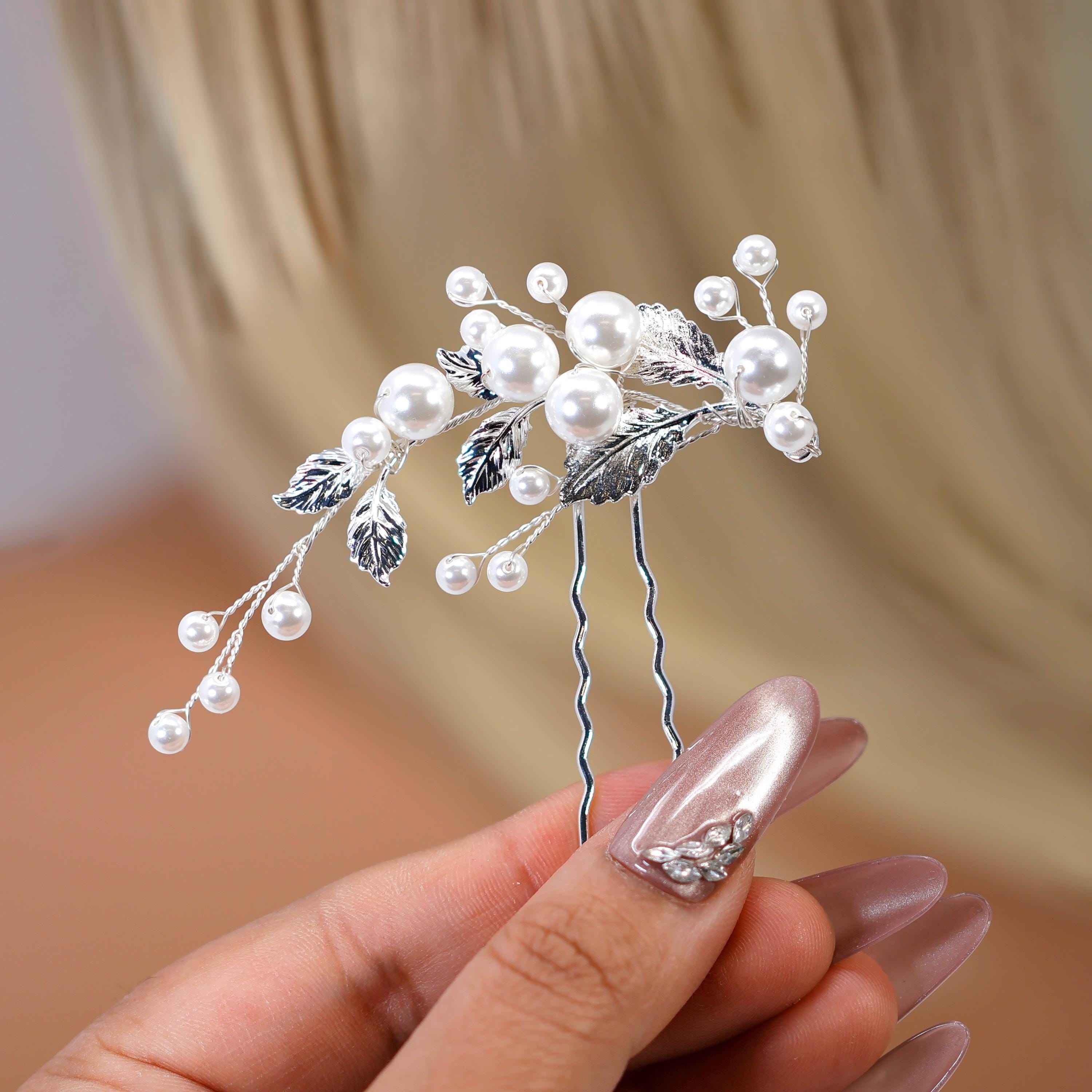Silver And Gold Leaves And Pearls Hair Pins Set, Bridal Hair Accessories, Gift For Her