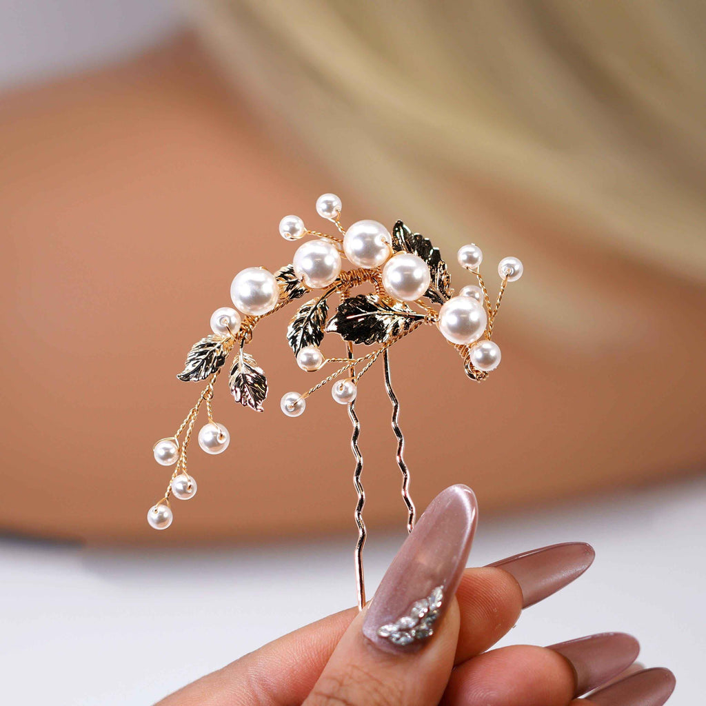 Silver And Gold Leaves And Pearls Hair Pins Set, Bridal Hair Accessories, Gift For Her