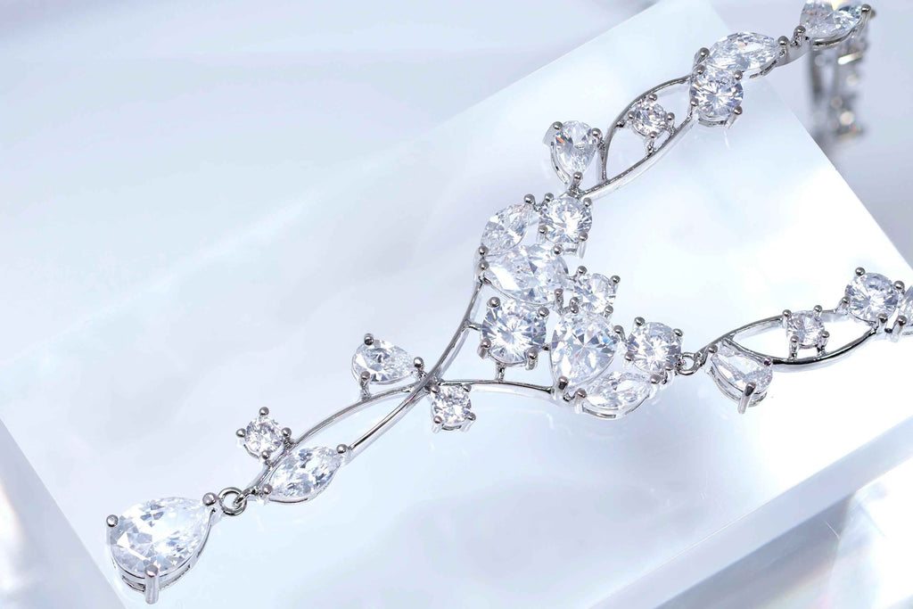 CZ Elegant Crystal Cascade Bridal Jewelry Set: Wedding Jewelry, Vine Necklace and Earrings