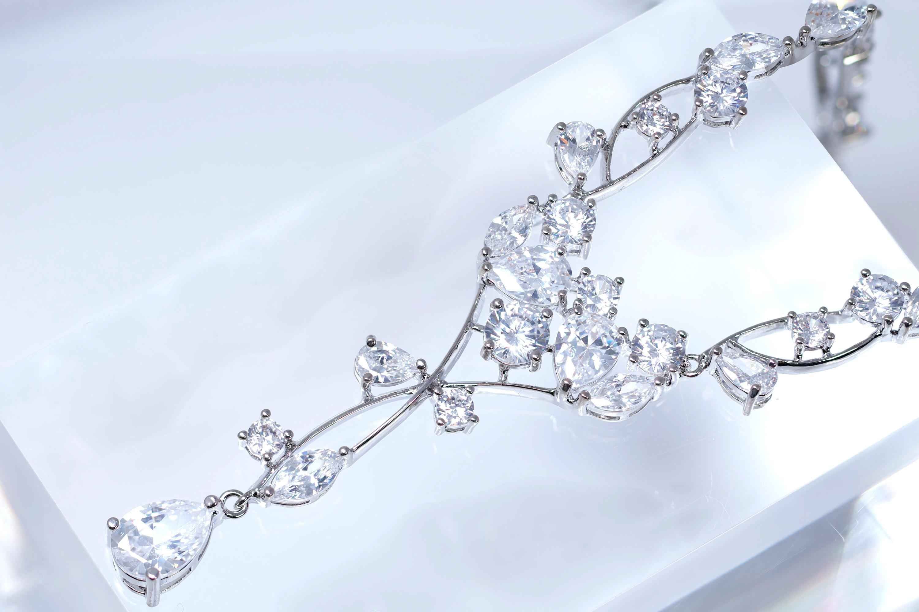 CZ Elegant Crystal Cascade Bridal Jewelry Set: Wedding Jewelry, Vine Necklace and Earrings