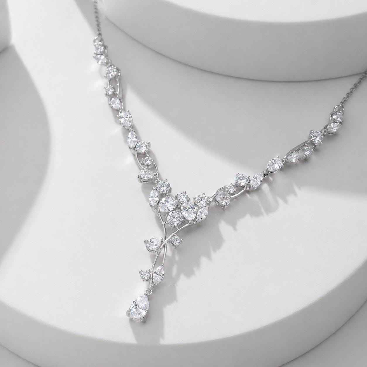 CZ Elegant Crystal Cascade Bridal Jewelry Set: Wedding Jewelry, Vine Necklace and Earrings