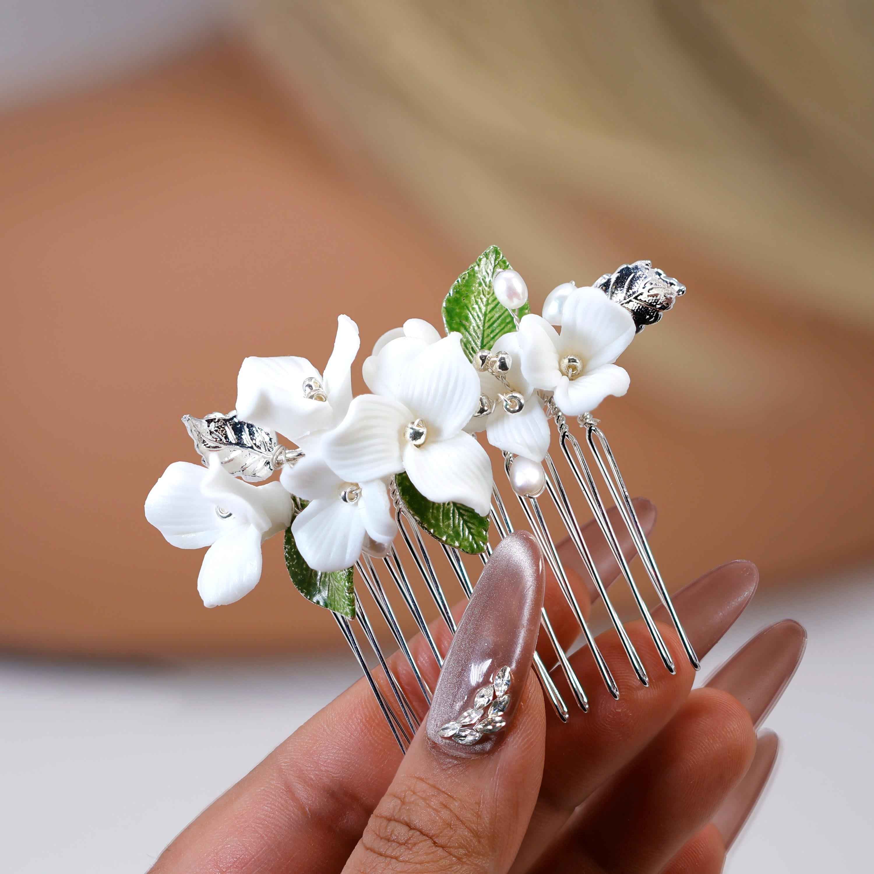 Porcelain White flower Freshwater Pearl Garden Lily Hair Comb, Bridal Hair piece, Wedding Hair Accessory.