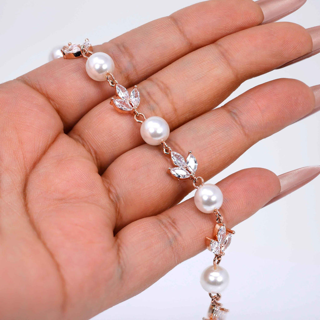 Rose gold Faux Pearls And Leaves Tennis Bracelet, Delicate Bracelet, Bracelet Femme, Wedding Bracelet, Bridesmaid Gift, Bridal Bracelet.