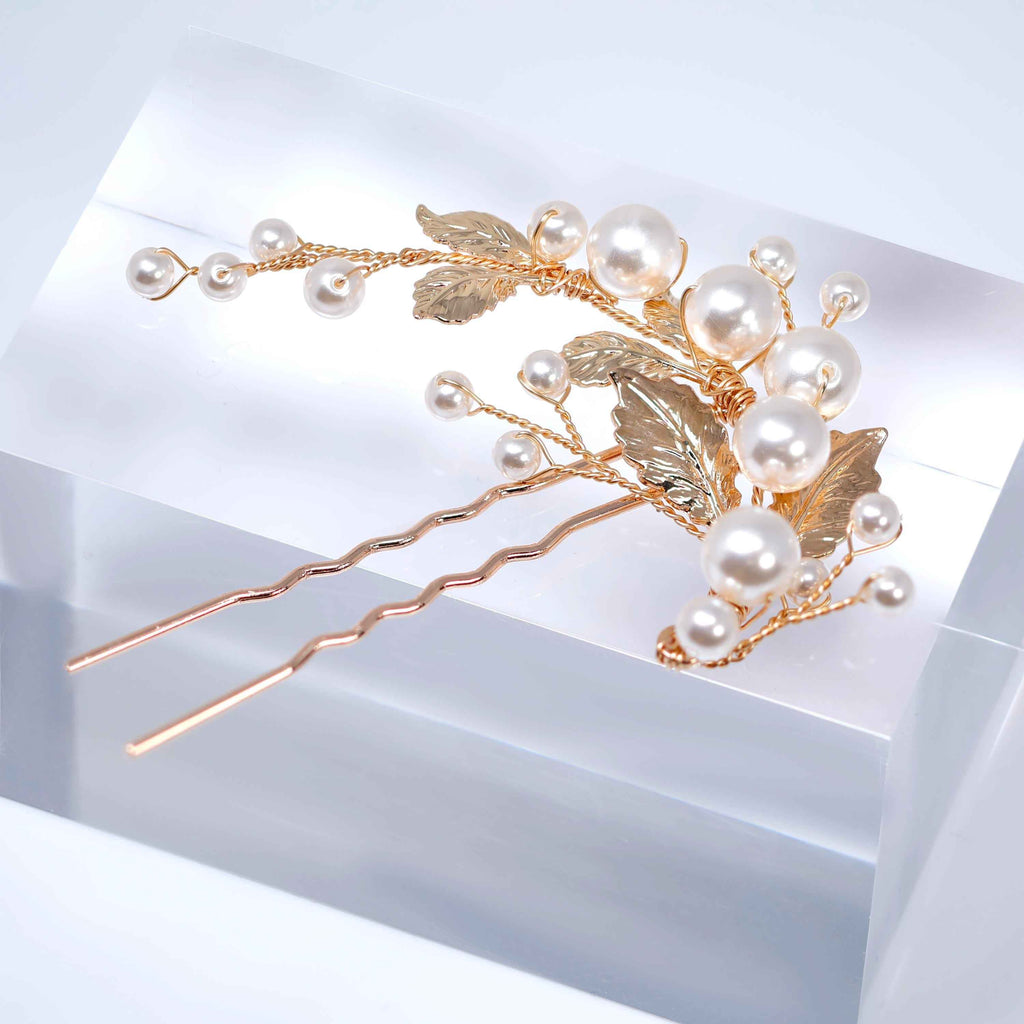 Silver And Gold Leaves And Pearls Hair Pins Set, Bridal Hair Accessories, Gift For Her