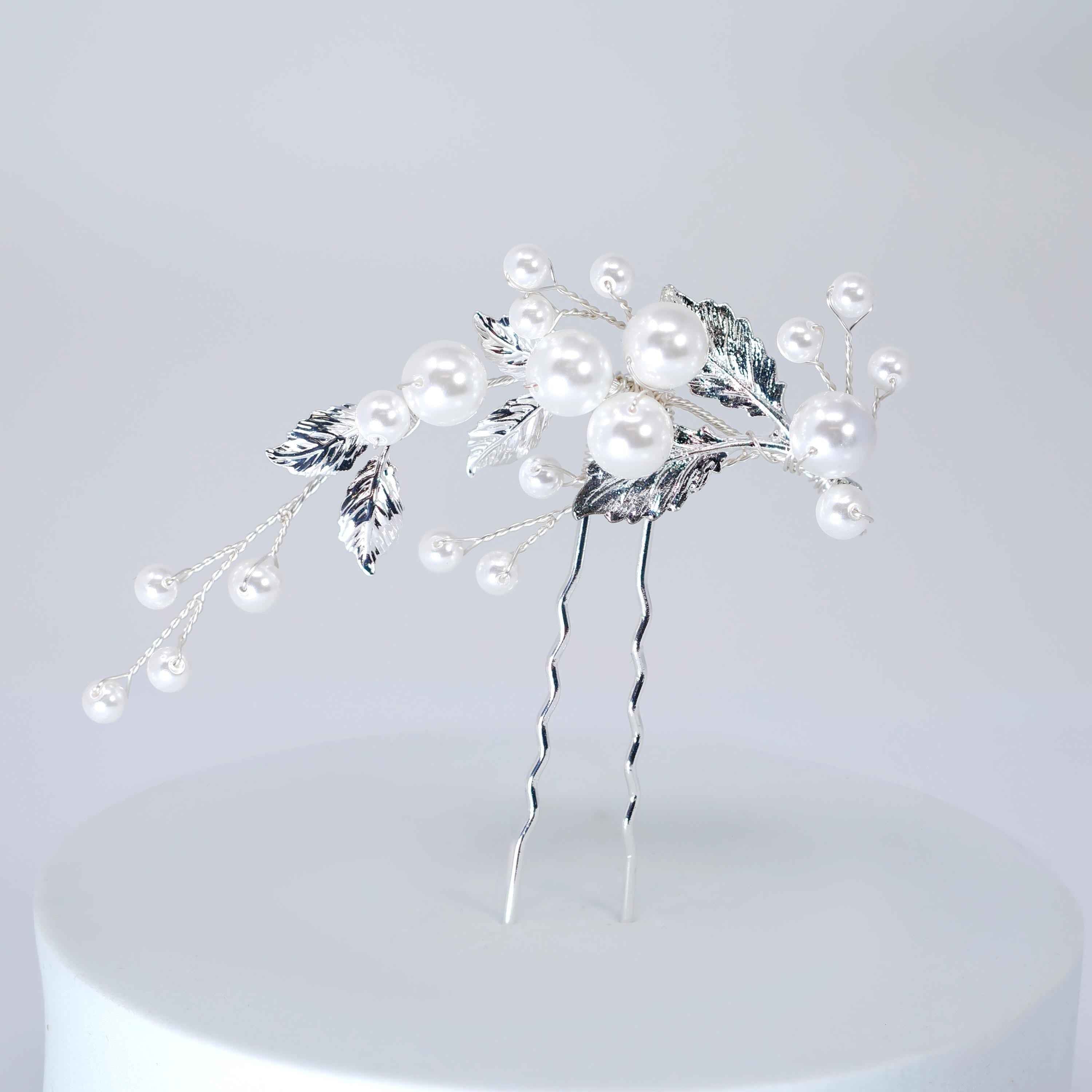 Silver And Gold Leaves And Pearls Hair Pins Set, Bridal Hair Accessories, Gift For Her