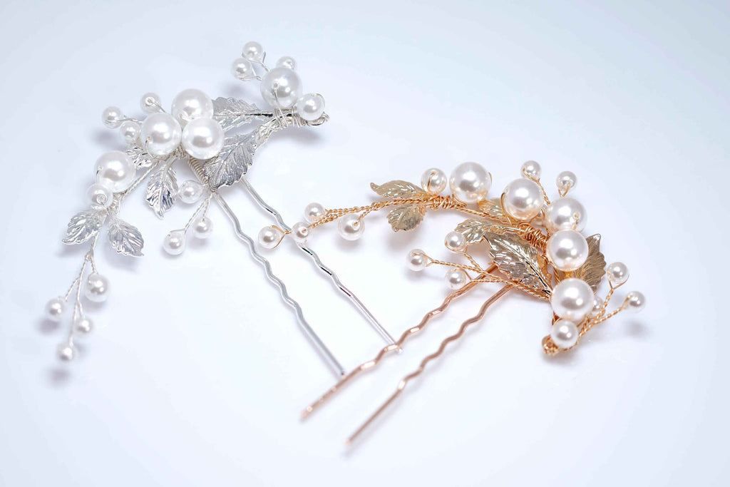 Silver And Gold Leaves And Pearls Hair Pins Set, Bridal Hair Accessories, Gift For Her