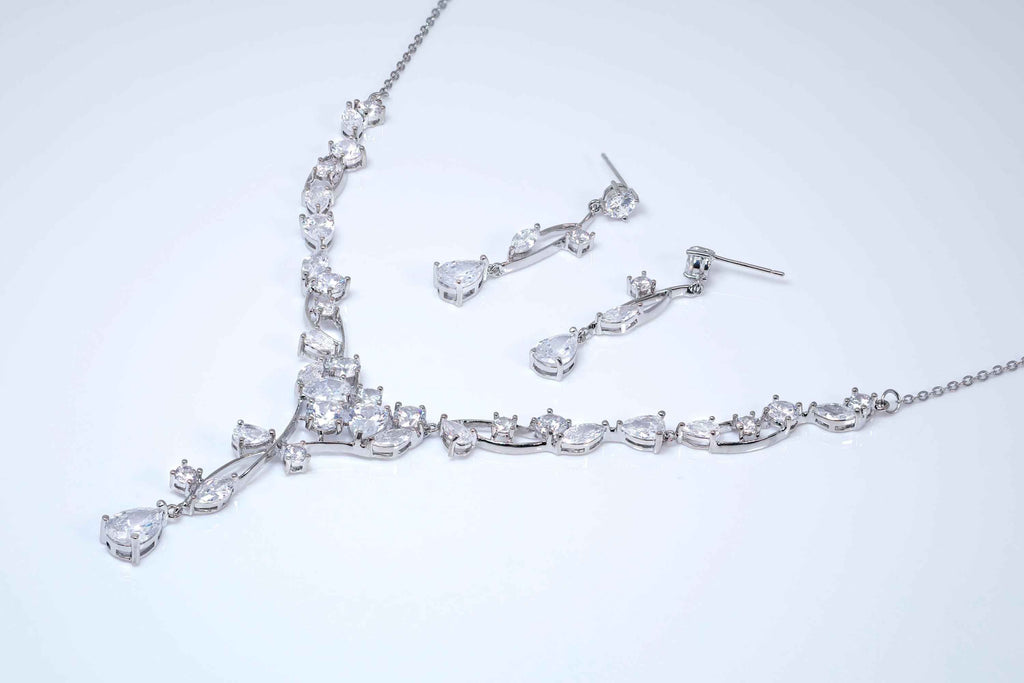CZ Elegant Crystal Cascade Bridal Jewelry Set: Wedding Jewelry, Vine Necklace and Earrings